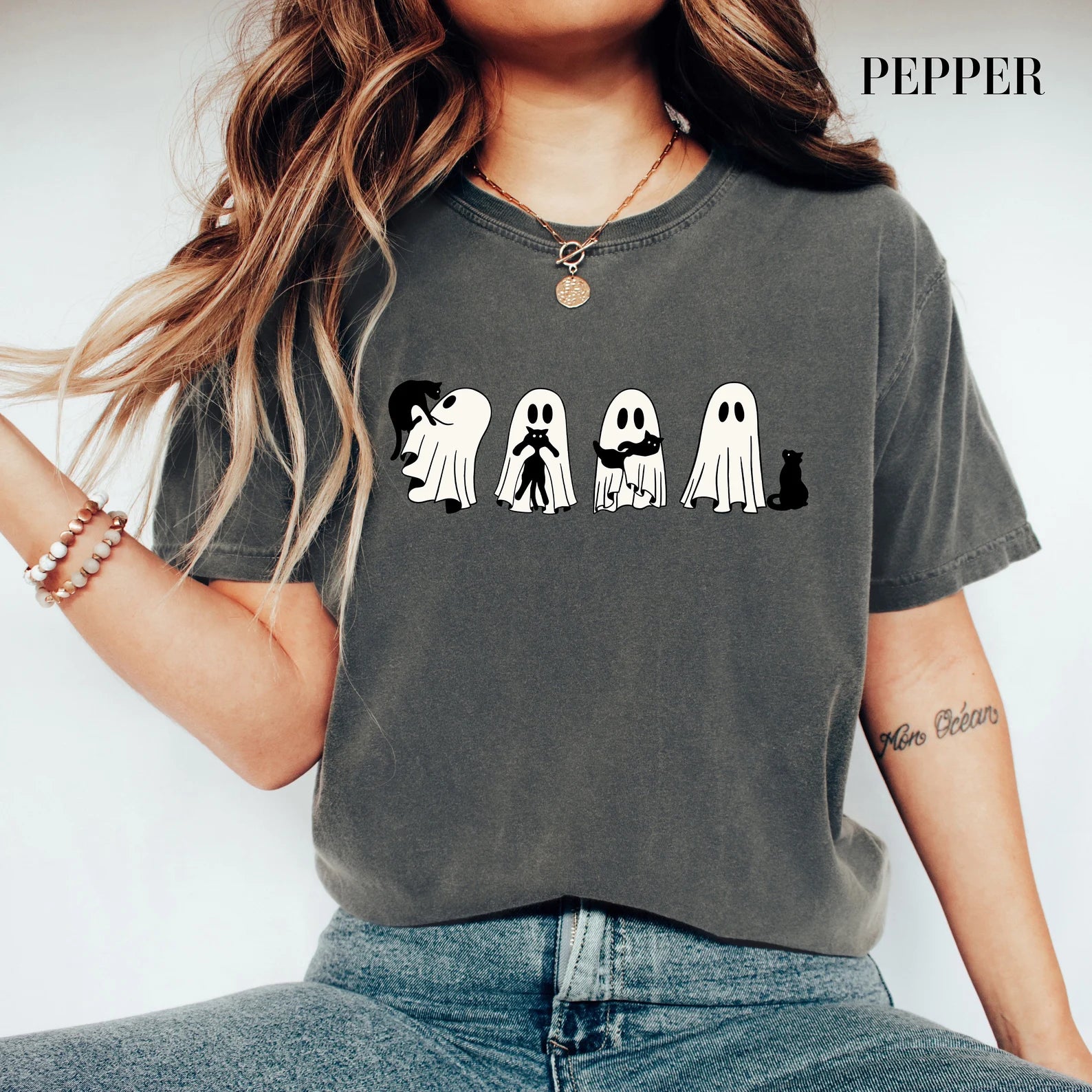 Halloween Black Cat & Ghost Comfort Colors Shirt, Halloween Ghost Tshirt, Spooky Season Cat Tee, Halloween Cute Women Outfit, Halloween Gift