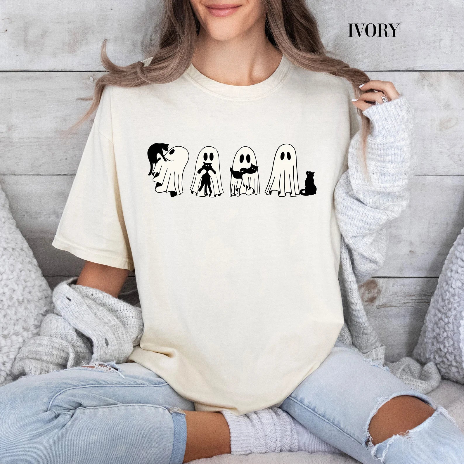 Halloween Black Cat & Ghost Comfort Colors Shirt, Halloween Ghost Tshirt, Spooky Season Cat Tee, Halloween Cute Women Outfit, Halloween Gift