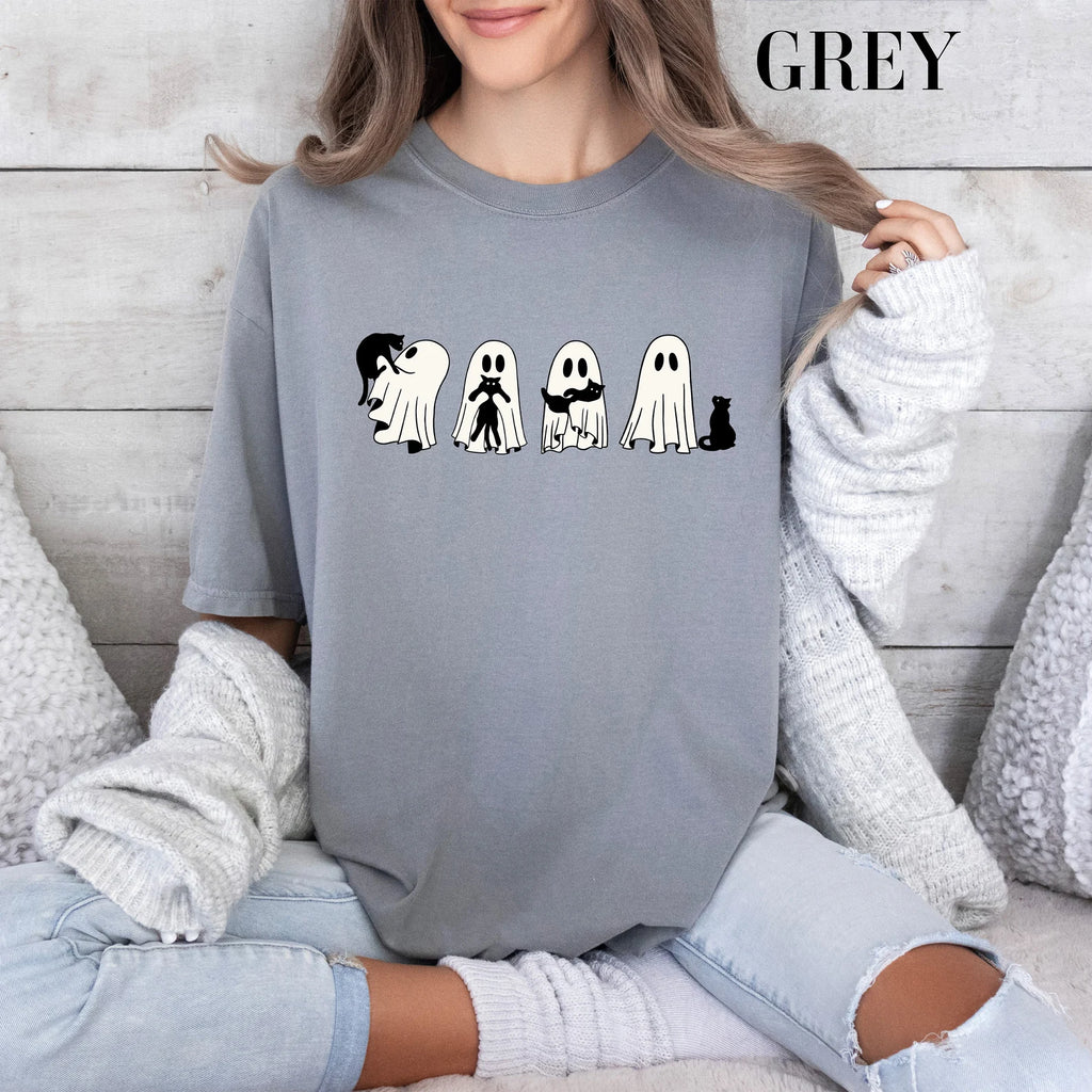 Halloween Black Cat & Ghost Comfort Colors Shirt, Halloween Ghost Tshirt, Spooky Season Cat Tee, Halloween Cute Women Outfit, Halloween Gift
