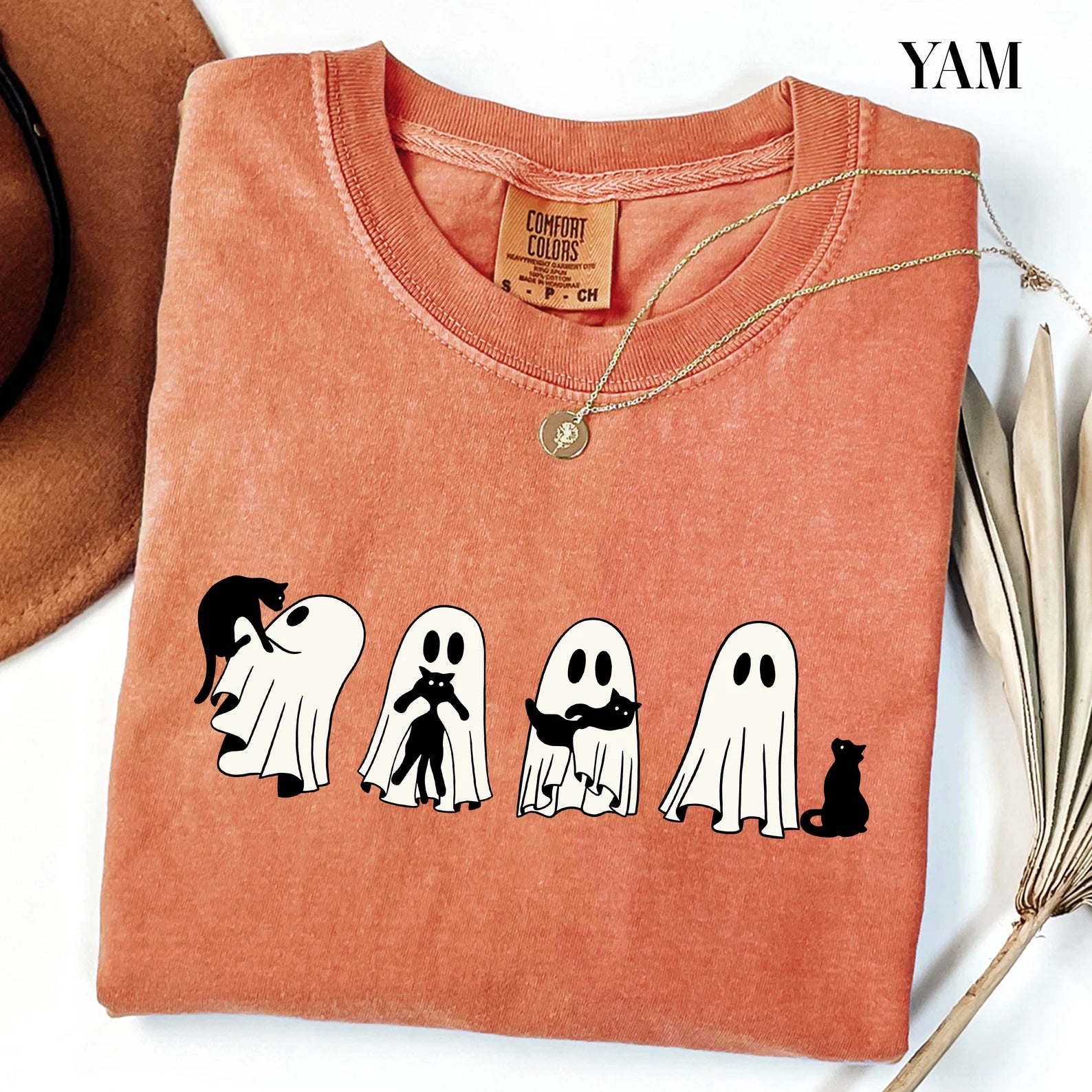 Halloween Black Cat & Ghost Comfort Colors Shirt, Halloween Ghost Tshirt, Spooky Season Cat Tee, Halloween Cute Women Outfit, Halloween Gift