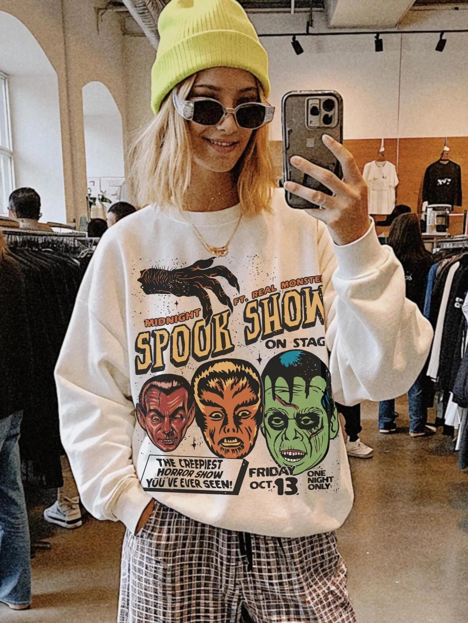 Spook Show Sweatshirt UNISEX 90s Grunge Vintage Halloween Crewneck Cult Classic Horror Fright Night Monster Mash Hoodie Frankenstein Shirt