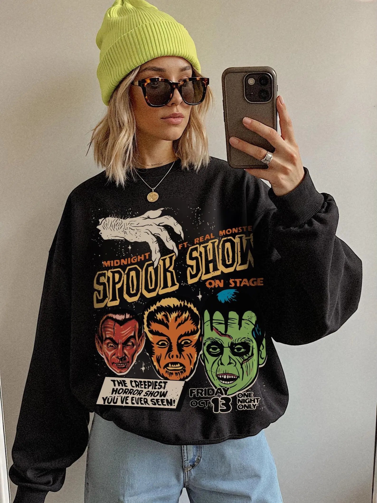 Spook Show Sweatshirt UNISEX 90s Grunge Vintage Halloween Crewneck Cult Classic Horror Fright Night Monster Mash Hoodie Frankenstein Shirt
