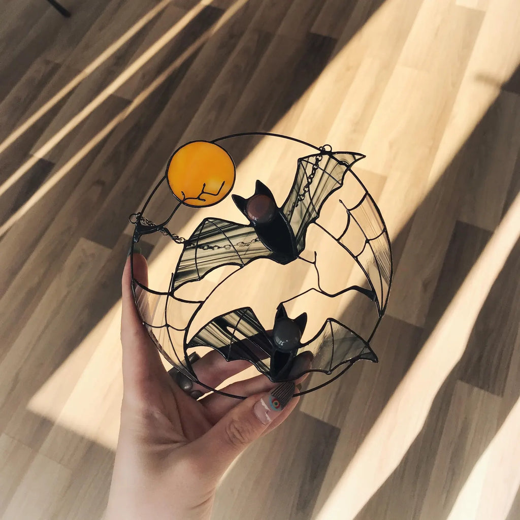 Gothic Suncatcher Bat Moon Halloween Stain Glass ORIGINAL Horror Picture Home Decor Spooky Window Wall Hanging Dark Cling Witch gift