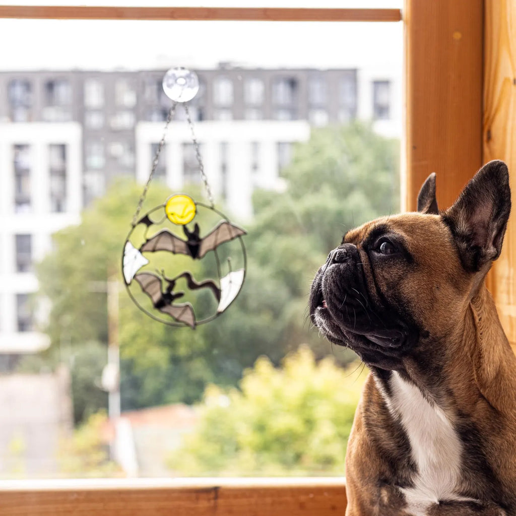 Gothic Suncatcher Bat Moon Halloween Stain Glass ORIGINAL Horror Picture Home Decor Spooky Window Wall Hanging Dark Cling Witch gift