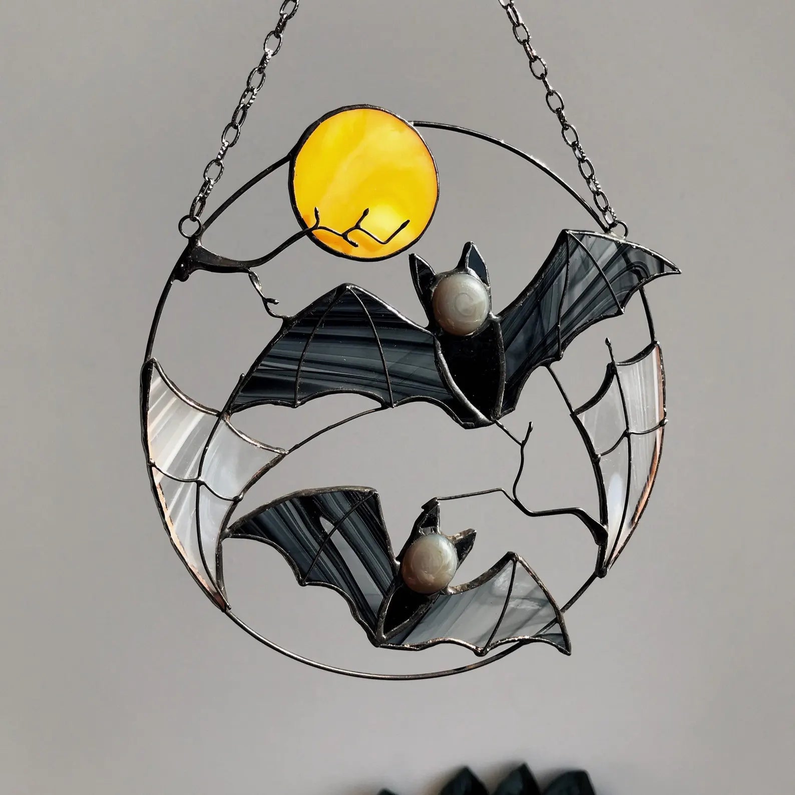Gothic Suncatcher Bat Moon Halloween Stain Glass ORIGINAL Horror Picture Home Decor Spooky Window Wall Hanging Dark Cling Witch gift