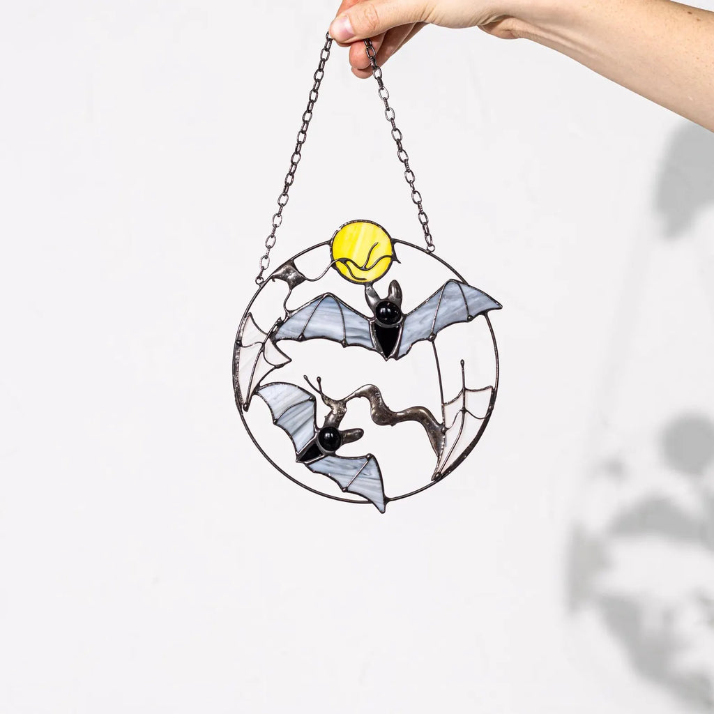 Gothic Suncatcher Bat Moon Halloween Stain Glass ORIGINAL Horror Picture Home Decor Spooky Window Wall Hanging Dark Cling Witch gift