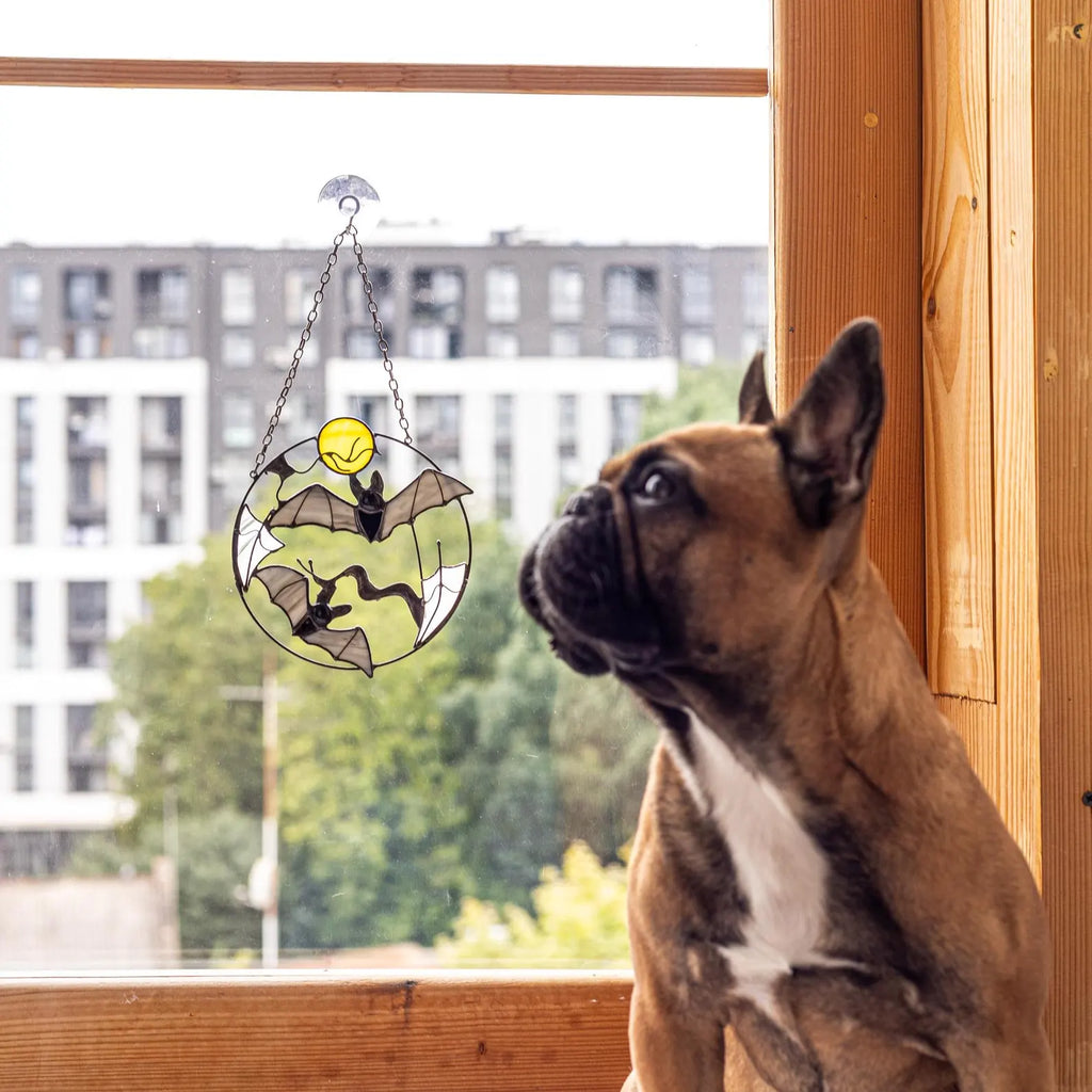 Gothic Suncatcher Bat Moon Halloween Stain Glass ORIGINAL Horror Picture Home Decor Spooky Window Wall Hanging Dark Cling Witch gift