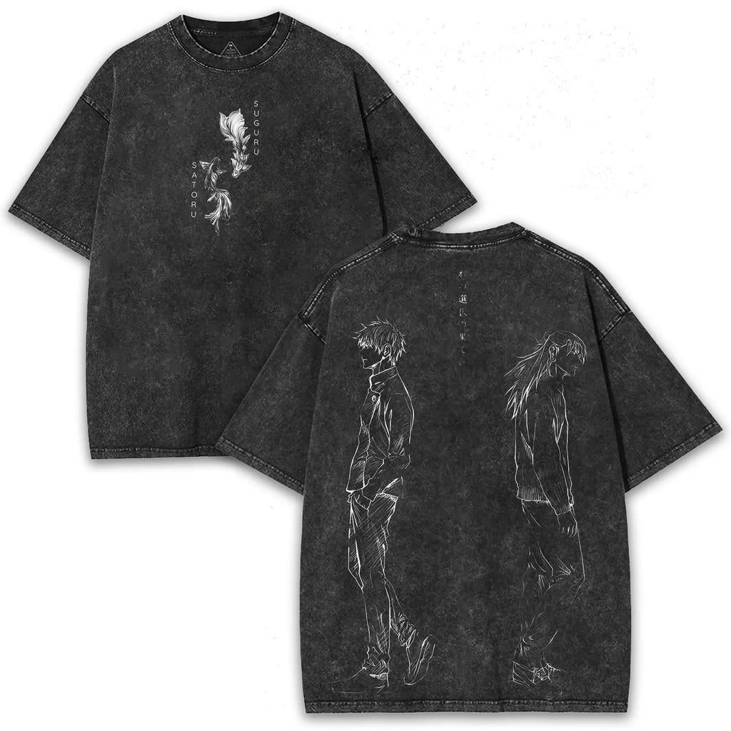 Gojo x Geto Washed Graphic Tee – Oversized Fit with Dual Curse Art & Back Bond Print | Limited Drop for JJK Brotherhood Fans Cotton Menswear