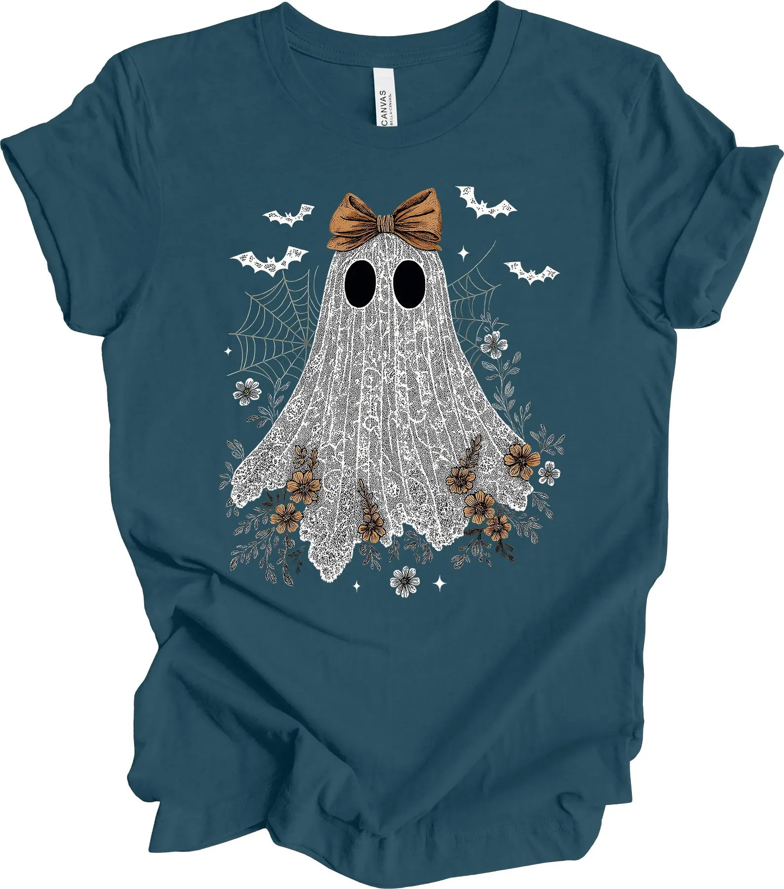 Halloween Shirt, Lace Ghost With Bow, Lace Coquette, Girly Ghost, Premium Soft Unisex Tee, Plus Sizes