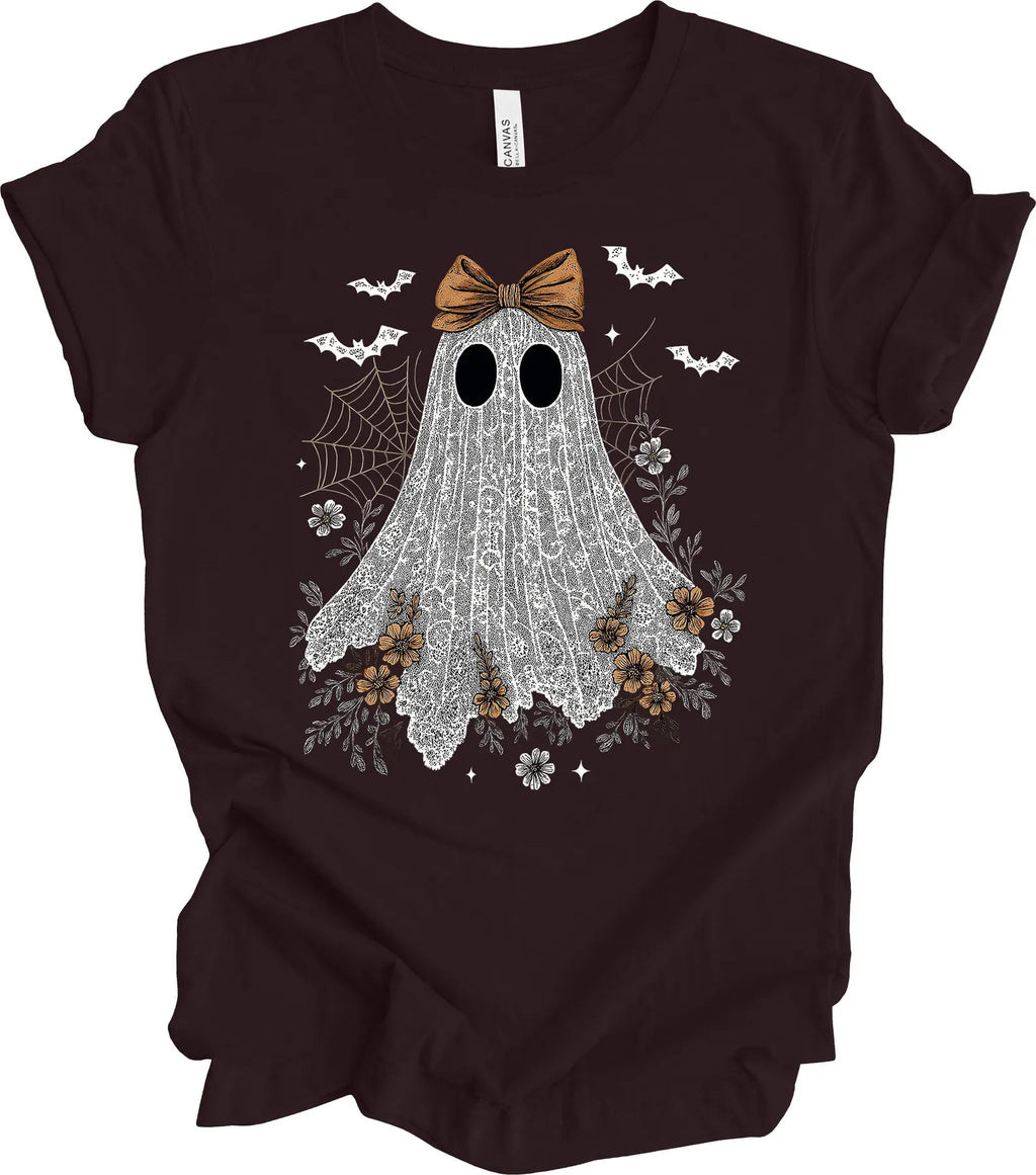 Halloween Shirt, Lace Ghost With Bow, Lace Coquette, Girly Ghost, Premium Soft Unisex Tee, Plus Sizes