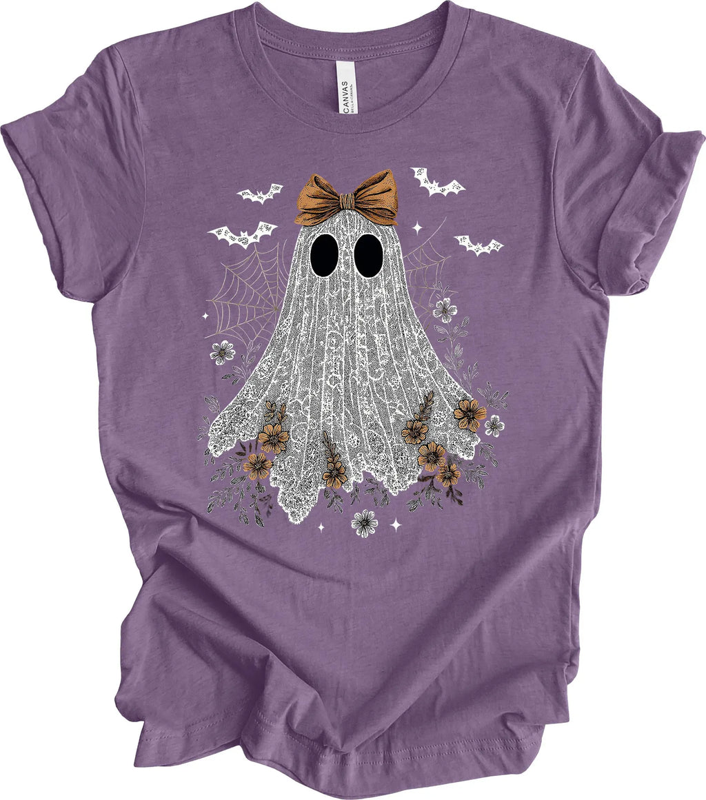 Halloween Shirt, Lace Ghost With Bow, Lace Coquette, Girly Ghost, Premium Soft Unisex Tee, Plus Sizes