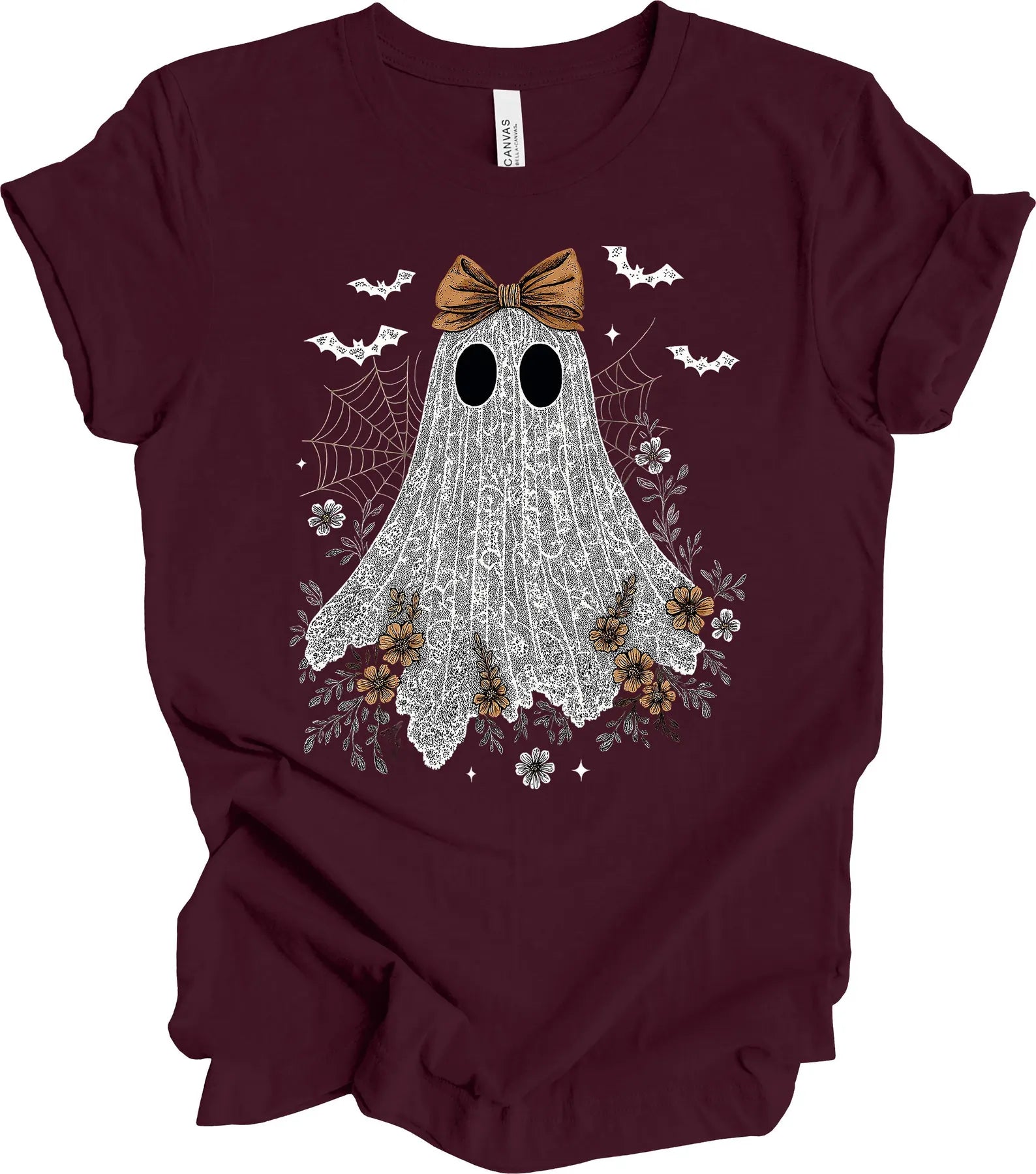 Halloween Shirt, Lace Ghost With Bow, Lace Coquette, Girly Ghost, Premium Soft Unisex Tee, Plus Sizes