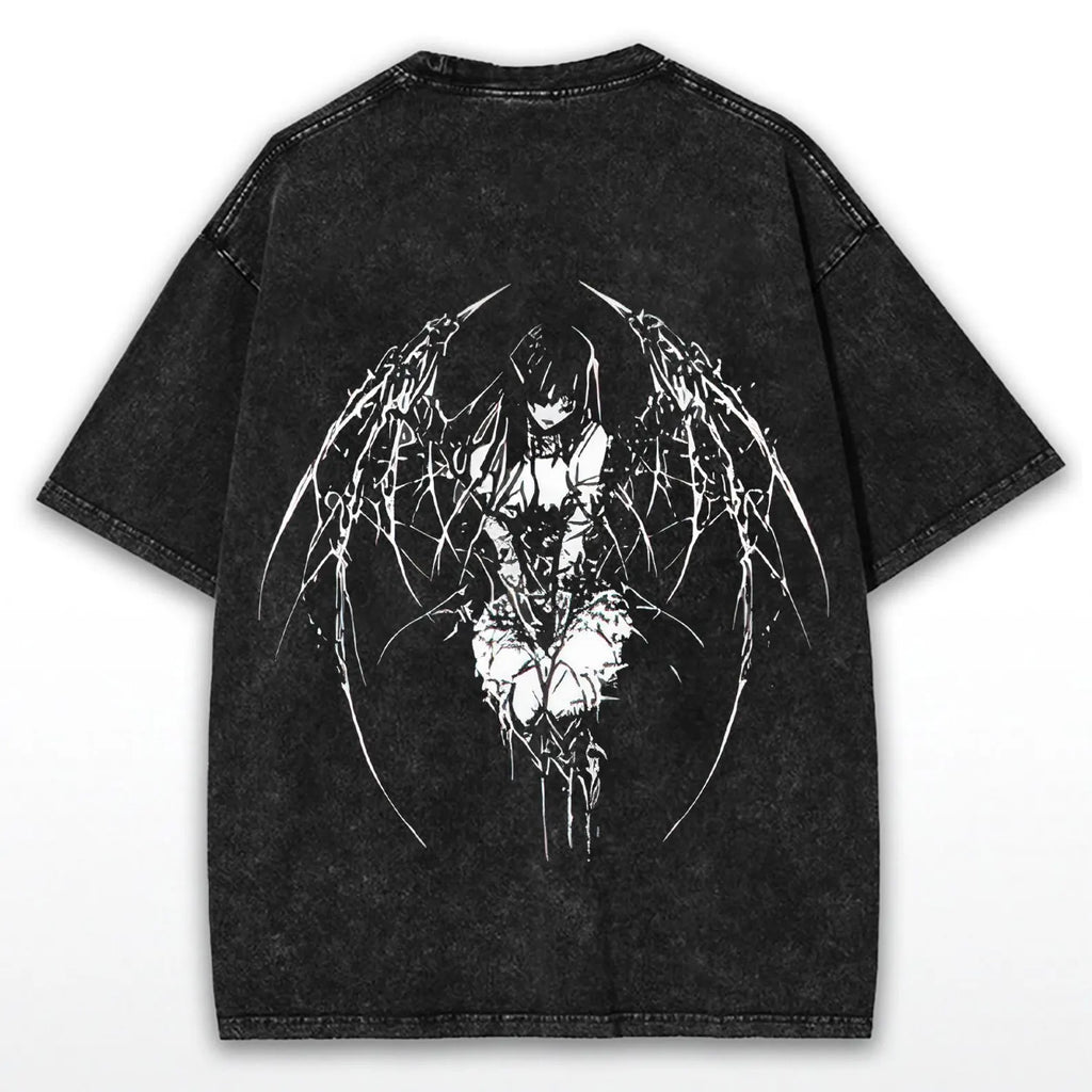 Gothic Y2K Angel Washed Shirt – Anime Oversized Tee – Black Cotton Washed Top – Dark Aesthetic Streetwear – 2K Grunge Gym Clothing