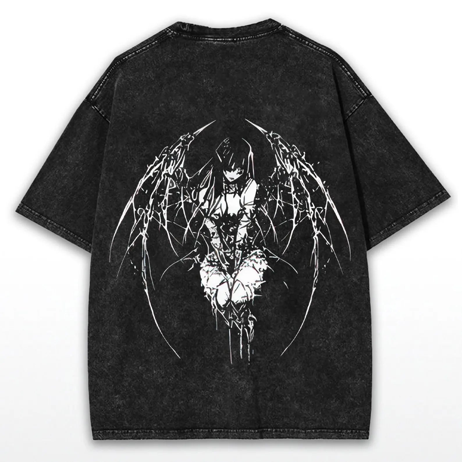 Gothic Y2K Angel Washed Shirt – Anime Oversized Tee – Black Cotton Washed Top – Dark Aesthetic Streetwear – 2K Grunge Gym Clothing