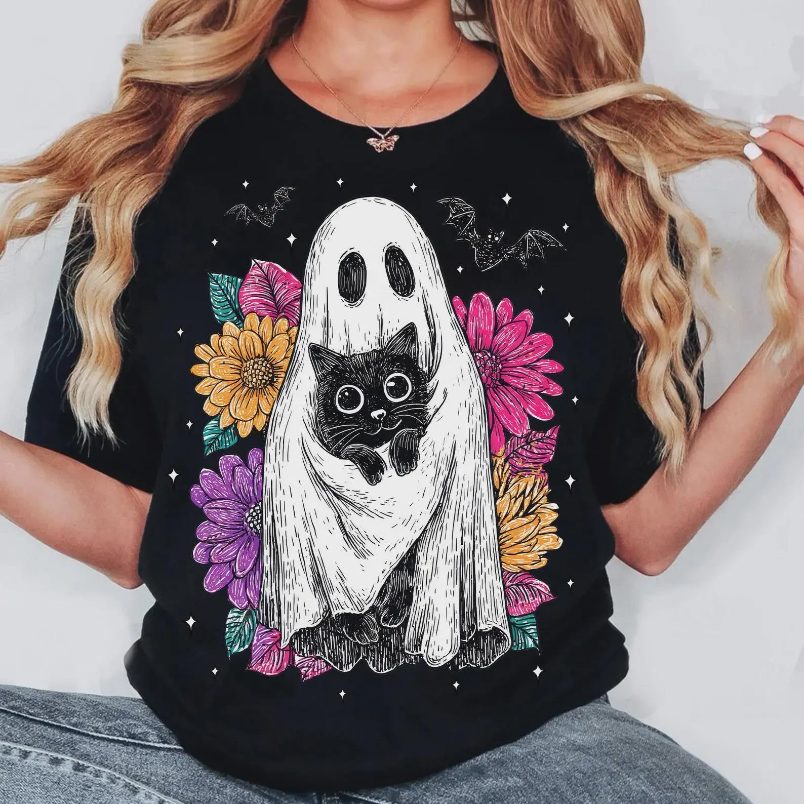 Ghost Cat Floral Halloween Shirt, Cute Black Cat Spooky Season Tee, Pastel Goth Halloween Shirt, Aesthetic Ghost Cat T-Shirt, Fall Shirt