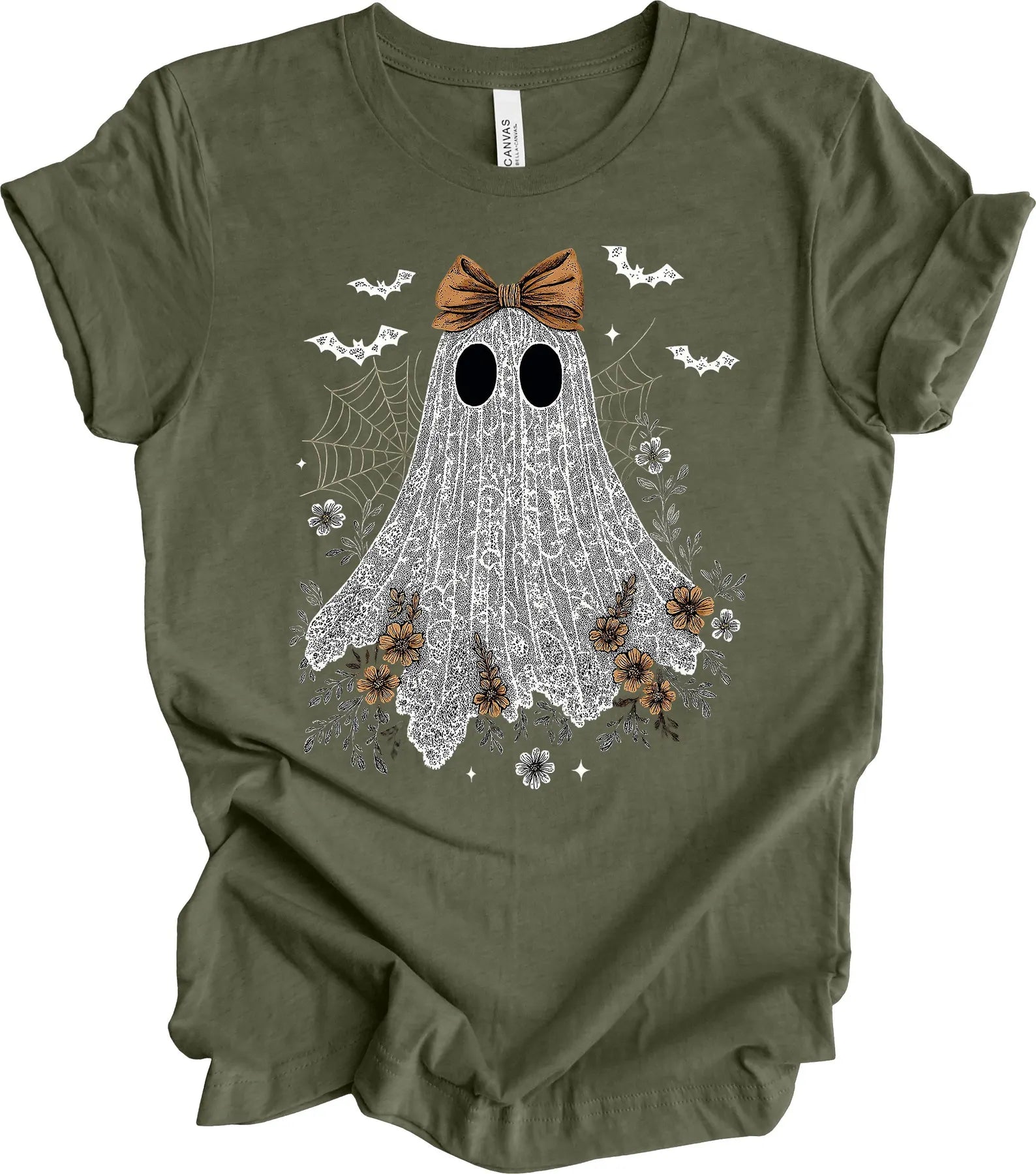 Halloween Shirt, Lace Ghost With Bow, Lace Coquette, Girly Ghost, Premium Soft Unisex Tee, Plus Sizes