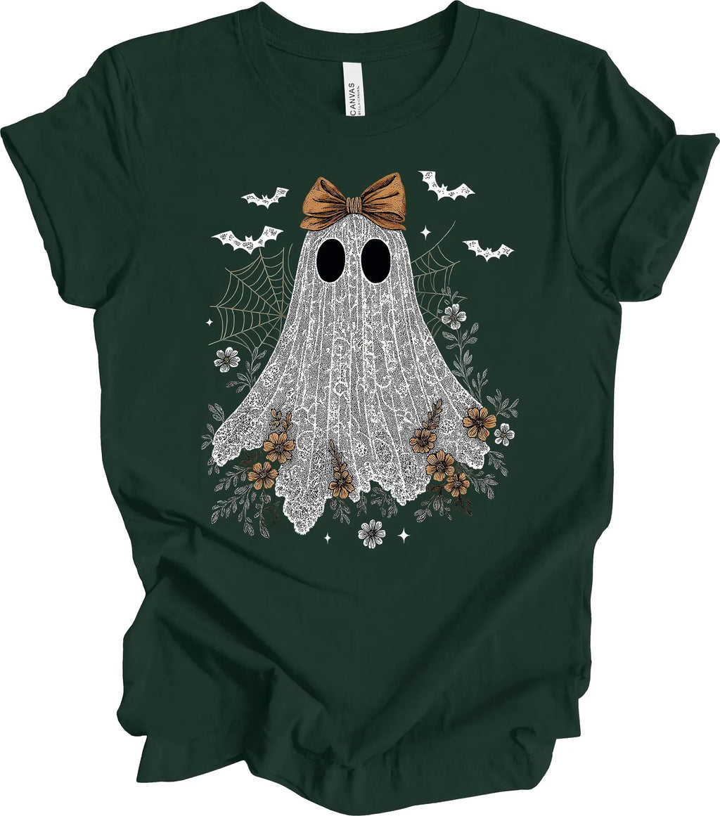 Halloween Shirt, Lace Ghost With Bow, Lace Coquette, Girly Ghost, Premium Soft Unisex Tee, Plus Sizes