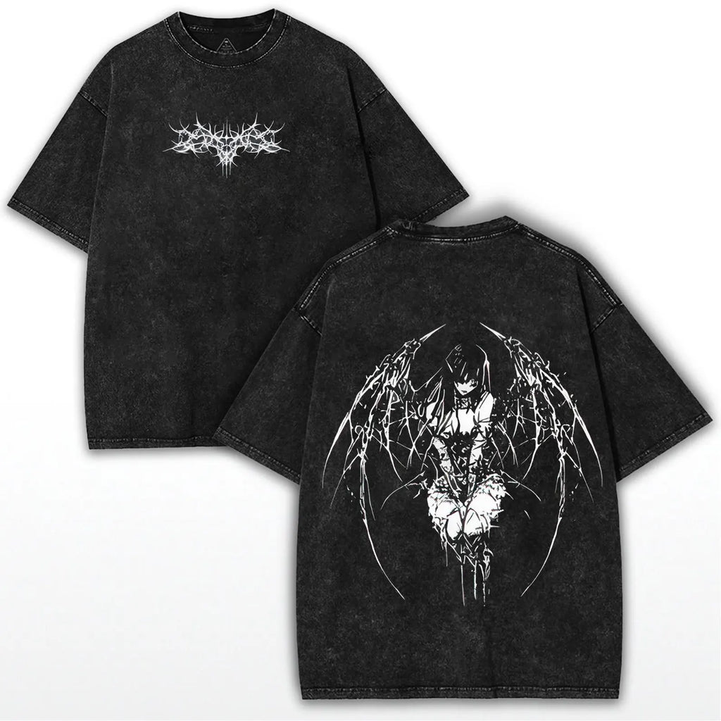 Gothic Y2K Angel Washed Shirt – Anime Oversized Tee – Black Cotton Washed Top – Dark Aesthetic Streetwear – 2K Grunge Gym Clothing