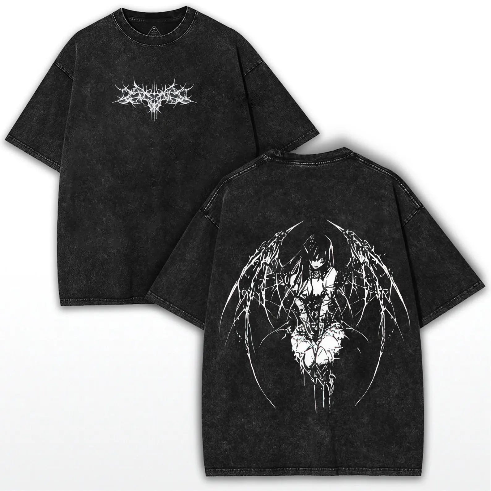 Gothic Y2K Angel Washed Shirt – Anime Oversized Tee – Black Cotton Washed Top – Dark Aesthetic Streetwear – 2K Grunge Gym Clothing