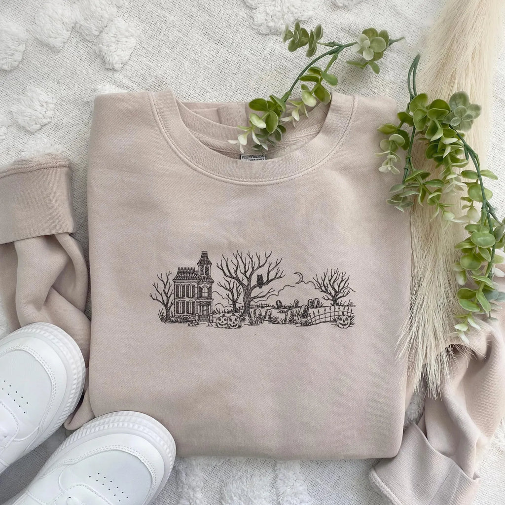 Embroidered Haunted House Sweatshirt: Pigment-Dyed Halloween Pullover