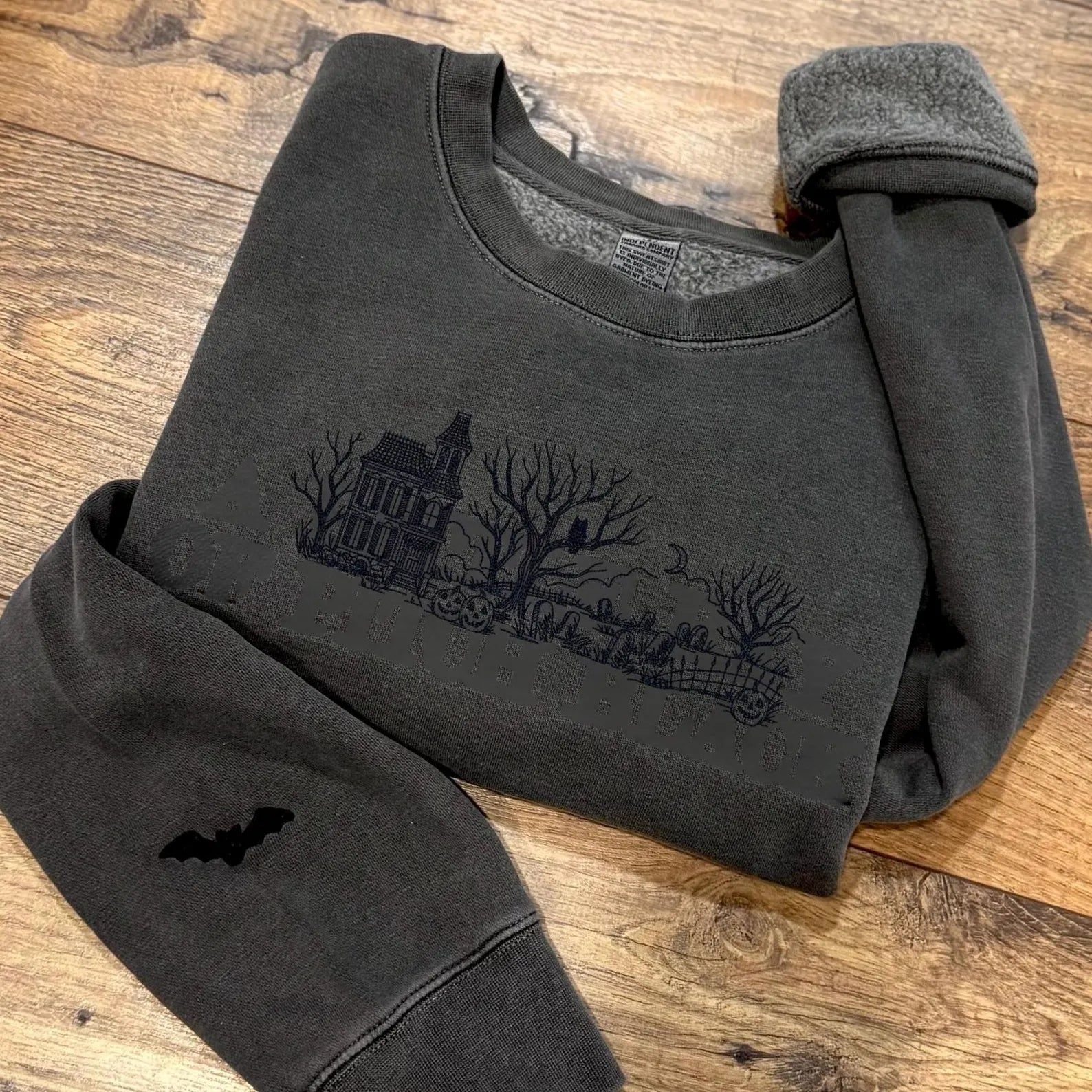 Embroidered Haunted House Sweatshirt: Pigment-Dyed Halloween Pullover