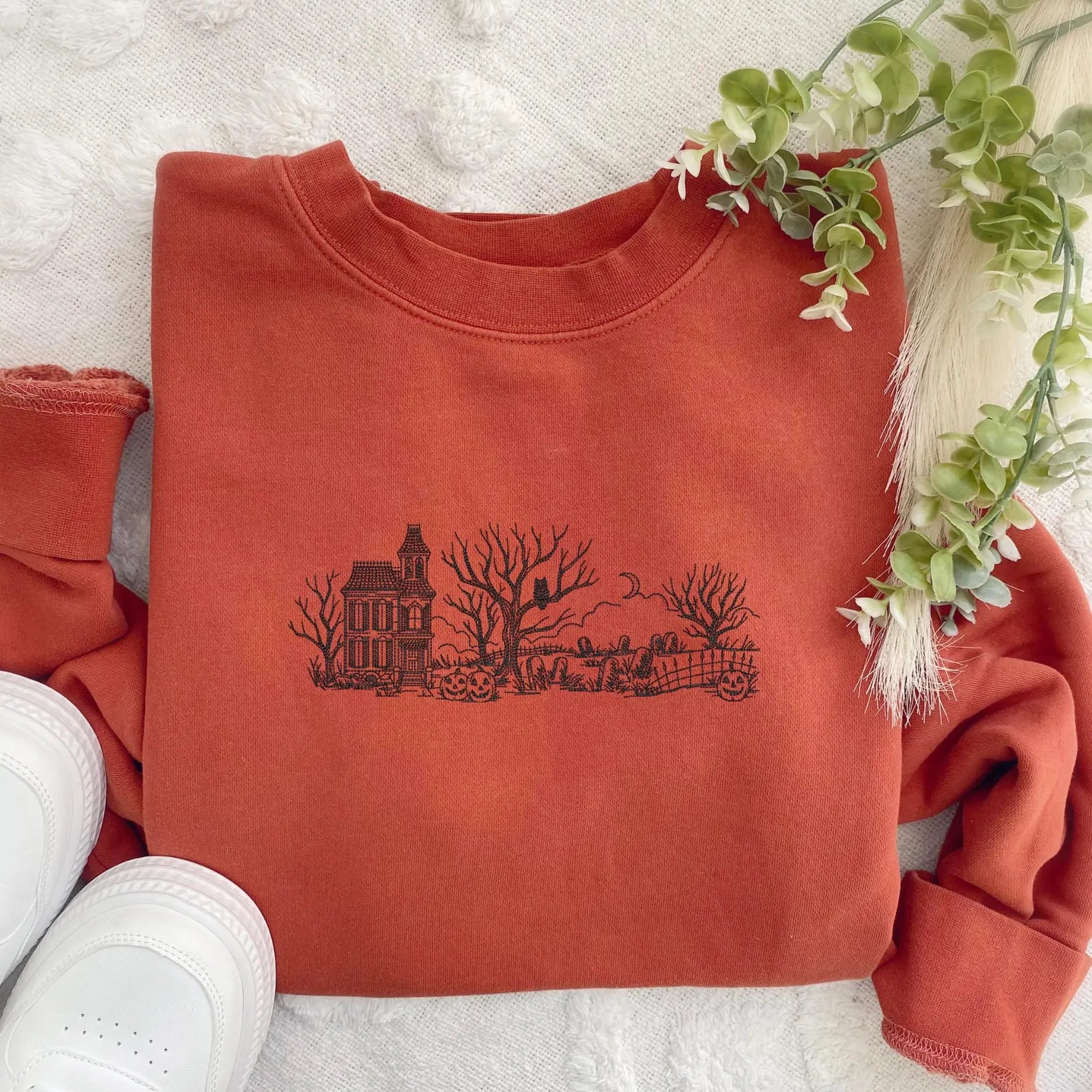 Embroidered Haunted House Sweatshirt: Pigment-Dyed Halloween Pullover