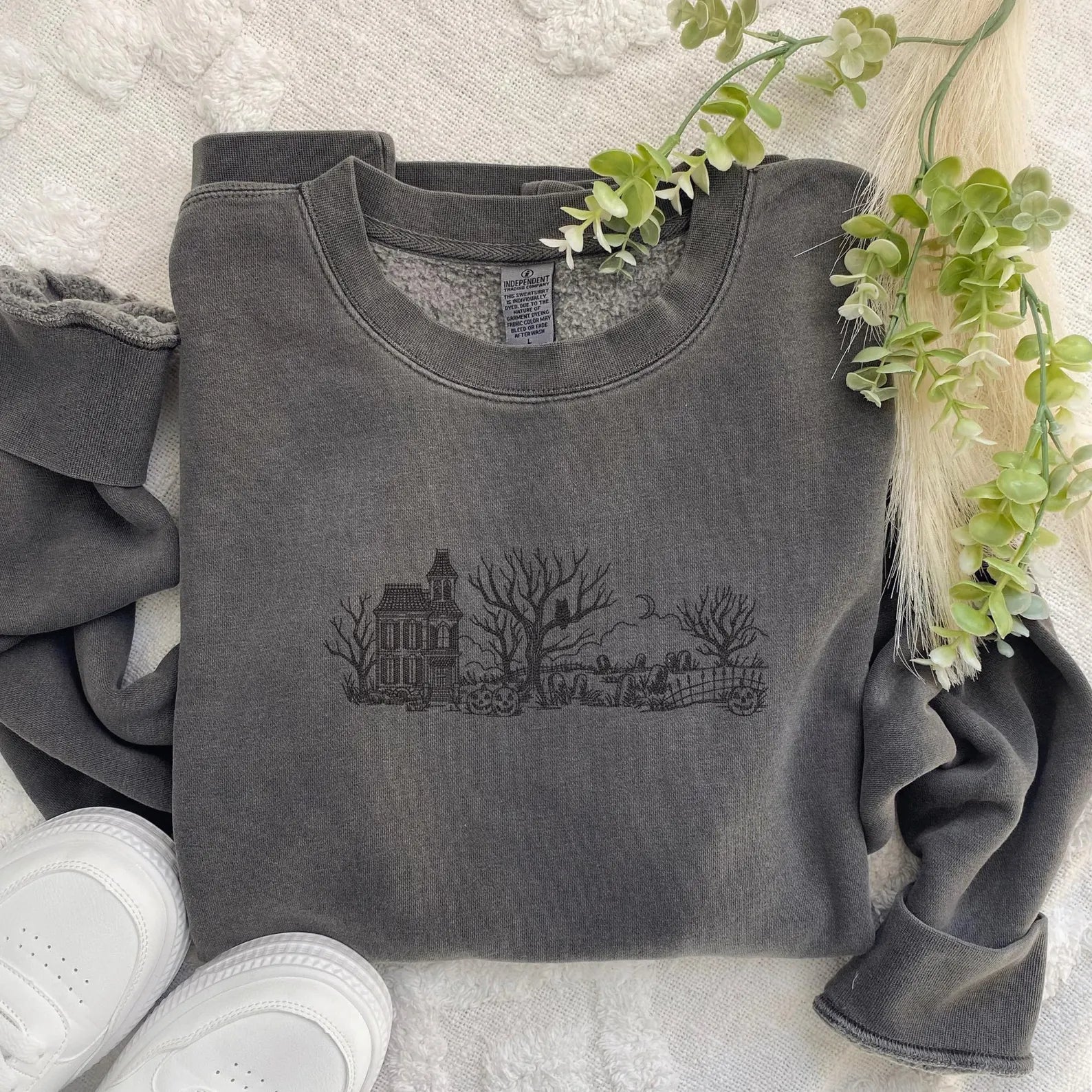 Embroidered Haunted House Sweatshirt: Pigment-Dyed Halloween Pullover