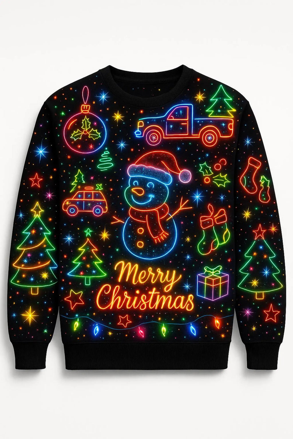 Ugly Christmas Sweater Neon Lights, Funny Snowman Xmas Sweatshirt, Colorful Holiday Party Outfit, Merry Christmas Gift Top