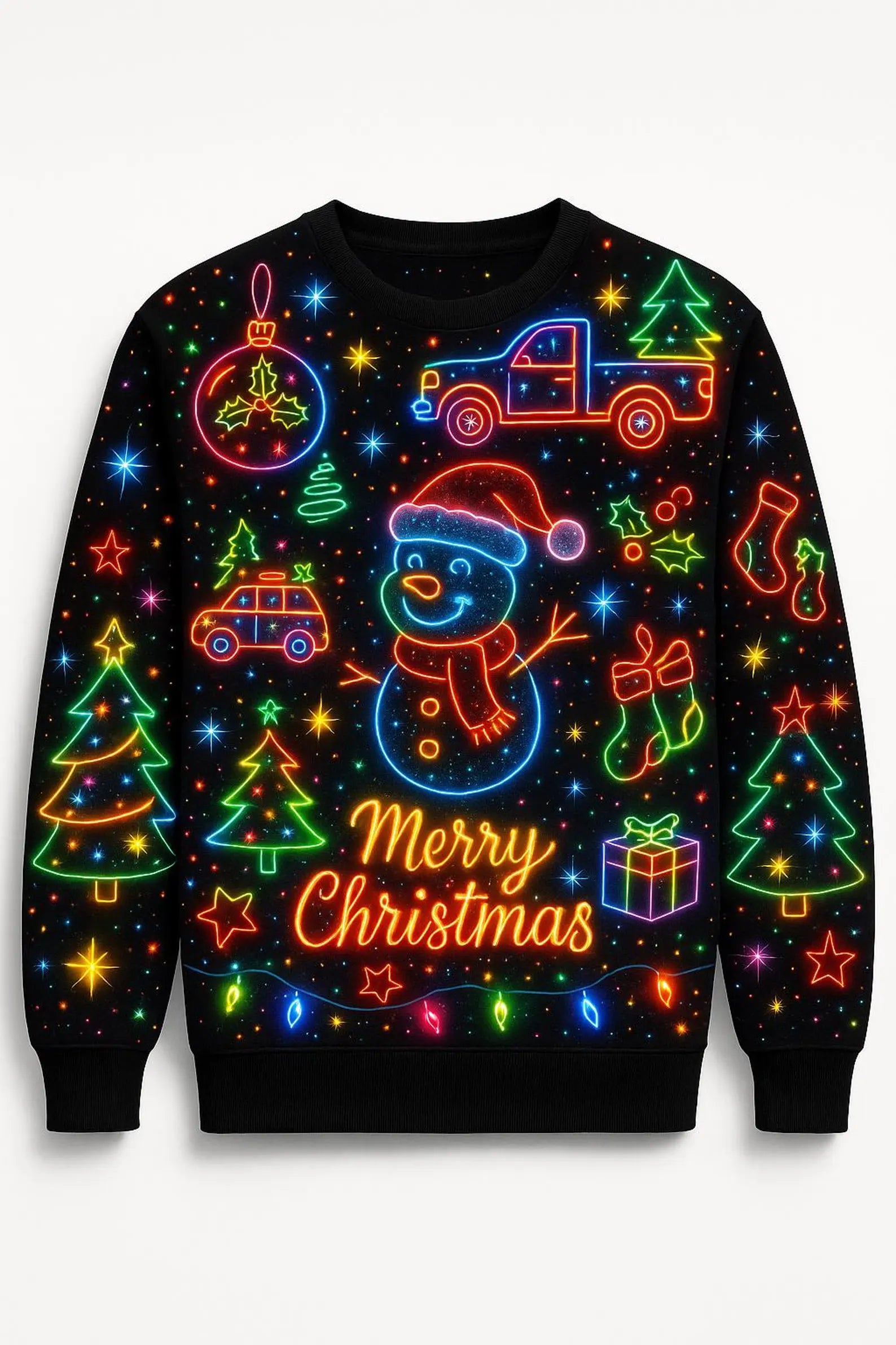 Ugly Christmas Sweater Neon Lights, Funny Snowman Xmas Sweatshirt, Colorful Holiday Party Outfit, Merry Christmas Gift Top