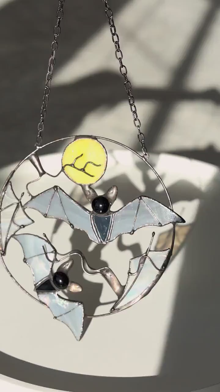 Gothic Suncatcher Bat Moon Halloween Stain Glass ORIGINAL Horror Picture Home Decor Spooky Window Wall Hanging Dark Cling Witch gift